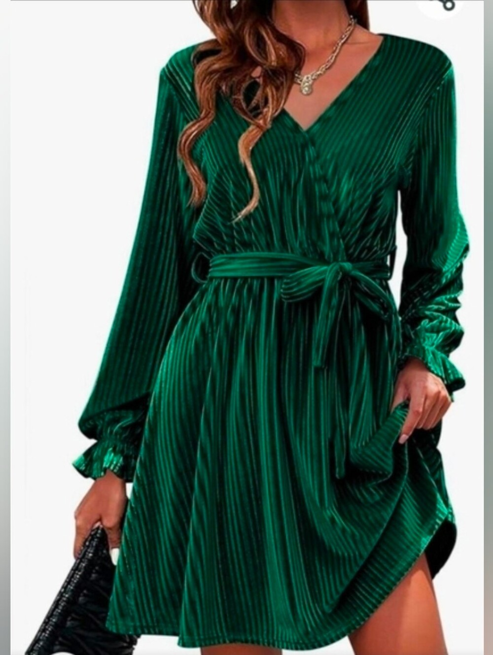 HOTOUCH Women's Velvet Belted Wrap V Neck Flared Long Lantern Sleeve Dress.